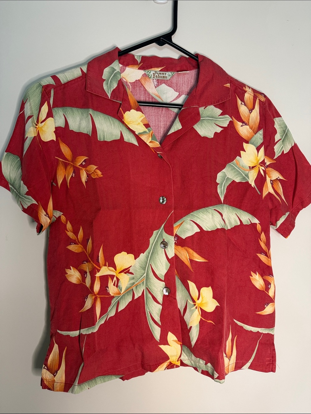 Tommy Bahama Red Hawaiian Camp-Collar Shirt with Yellow Floral Print